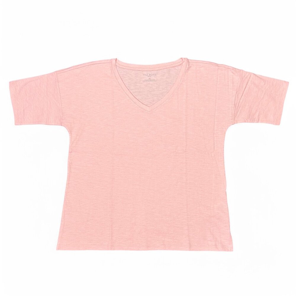 Talbots Womens V-Neck Tee 100% Cotton with Foil Overlay Sparkle Lt PINK $54 MSRP